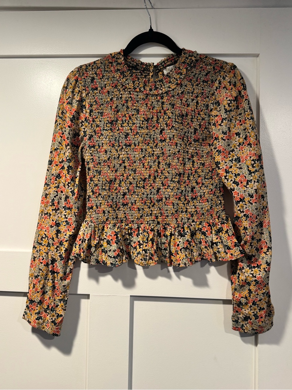 Patrons of Peace Yellow Black Pink Floral Smocked Peplum Blouse